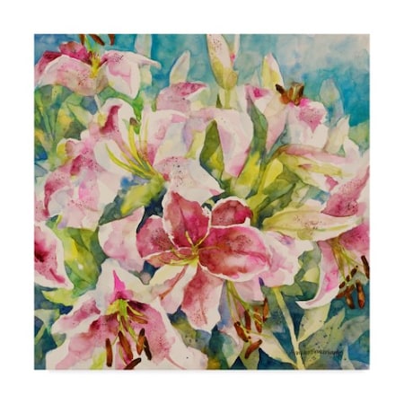 Annelein Beukenkamp 'Pink Lilies On Blue' Canvas Art,14x14